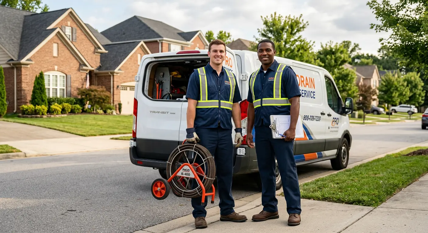 Sewer and drain service team with equipment ready for work in Warren