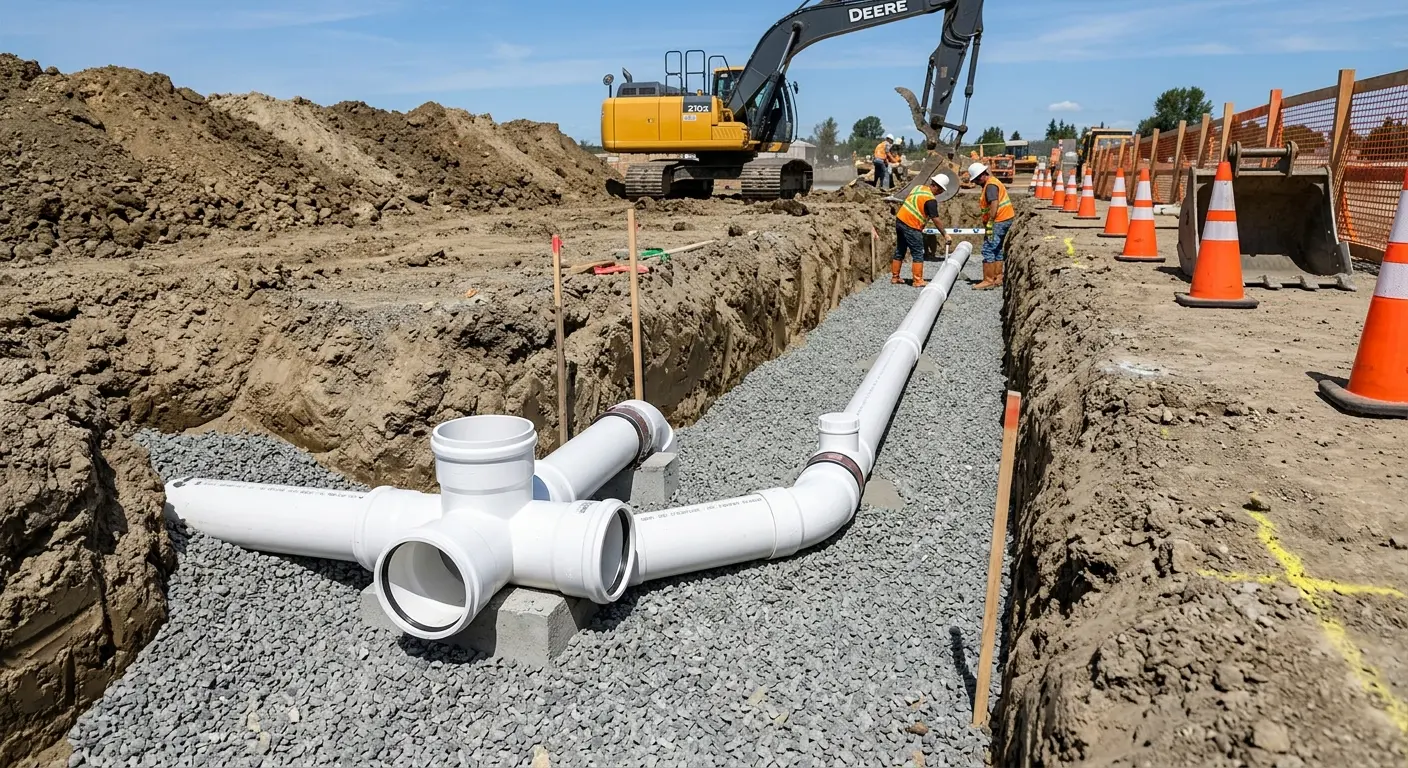 New PVC sewer pipe installation in open trench for Commercial Drain Cleaning in Warren